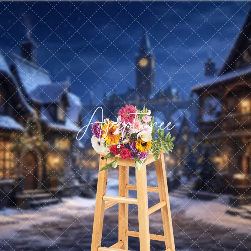 Aperturee - Aperturee Snowy Medieval Village at Night with Warm Glowing Lights Photography Backdrop Winter Holiday Celebration Decor