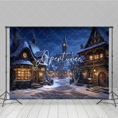 Aperturee - Aperturee Snowy Medieval Village at Night with Warm Glowing Lights Photography Backdrop Winter Holiday Celebration Decor