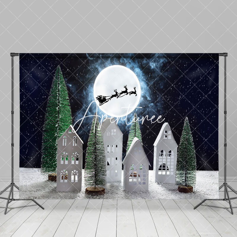 Aperturee - Aperturee Snowy Moon Night Santa Elk Christmas Vibe Backdrop