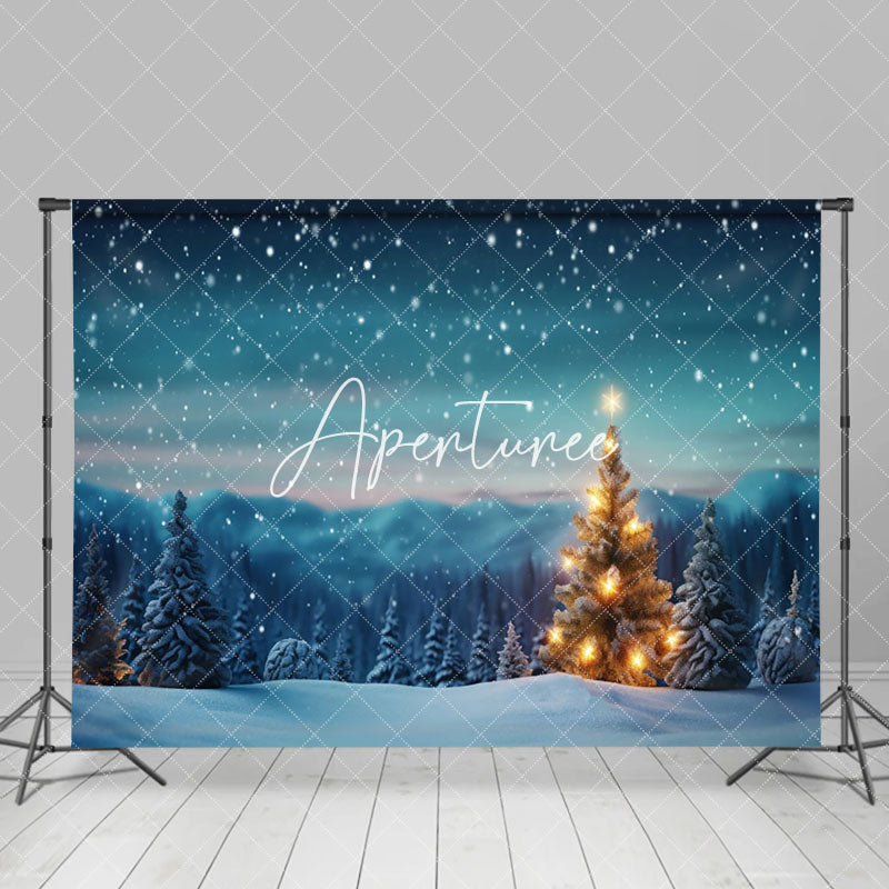 Aperturee - Aperturee Snowy Night Mountain Scene Trees Christmas Backdrop