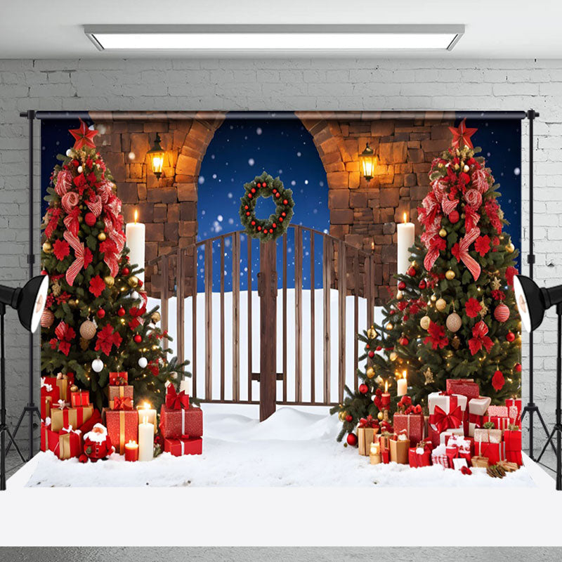 Aperturee - Aperturee Snowy Night Wooden Gate Tree Christmas Vibe Backdrop