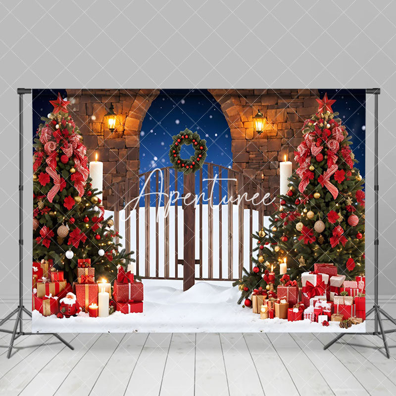 Aperturee - Aperturee Snowy Night Wooden Gate Tree Christmas Vibe Backdrop