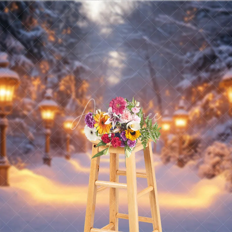 Aperturee - Aperturee Snowy Pathway Winter Backdrop Enchanted Forest Wonderland Photo Booth Christmas Holiday Portrait Studio Decor