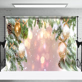 Aperturee - Aperturee Snowy Pine Gold Ornaments Bokeh Photo Backdrop