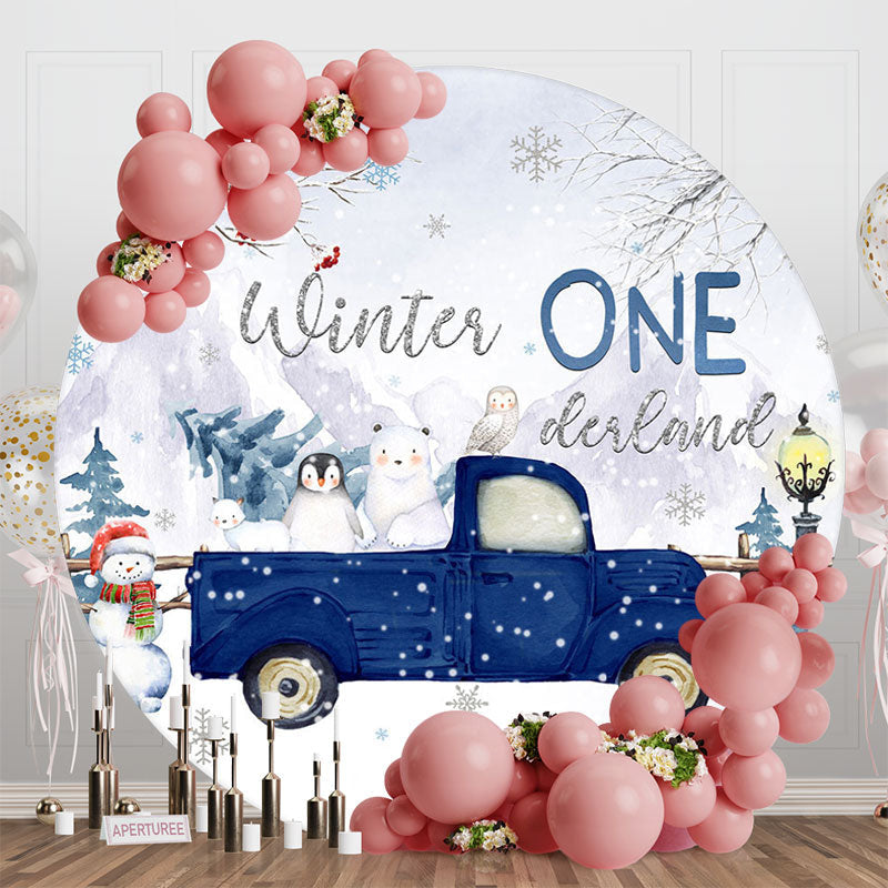 Aperturee - Aperturee Snowy Safari Blue Truck Round Onederland Backdrop