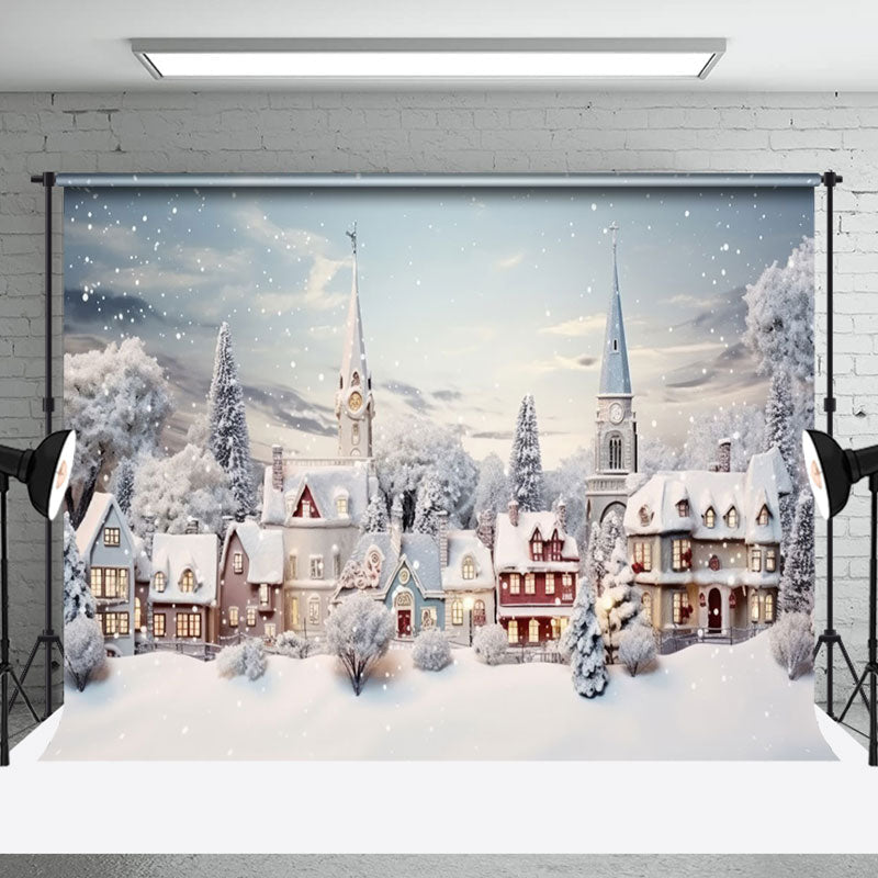 Aperturee - Aperturee Snowy Town Trees Field Winter Christmas Backdrop