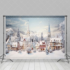 Aperturee - Aperturee Snowy Town Trees Field Winter Christmas Backdrop