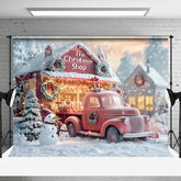 Aperturee - Aperturee Snowy Trees Christmas Shop Truck Snowman Backdrop