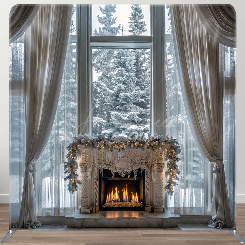 Aperturee - Aperturee Snowy Trees Window Double-Sided Square Xmas Backdrop