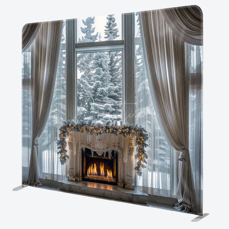 Aperturee - Aperturee Snowy Trees Window Double-Sided Square Xmas Backdrop