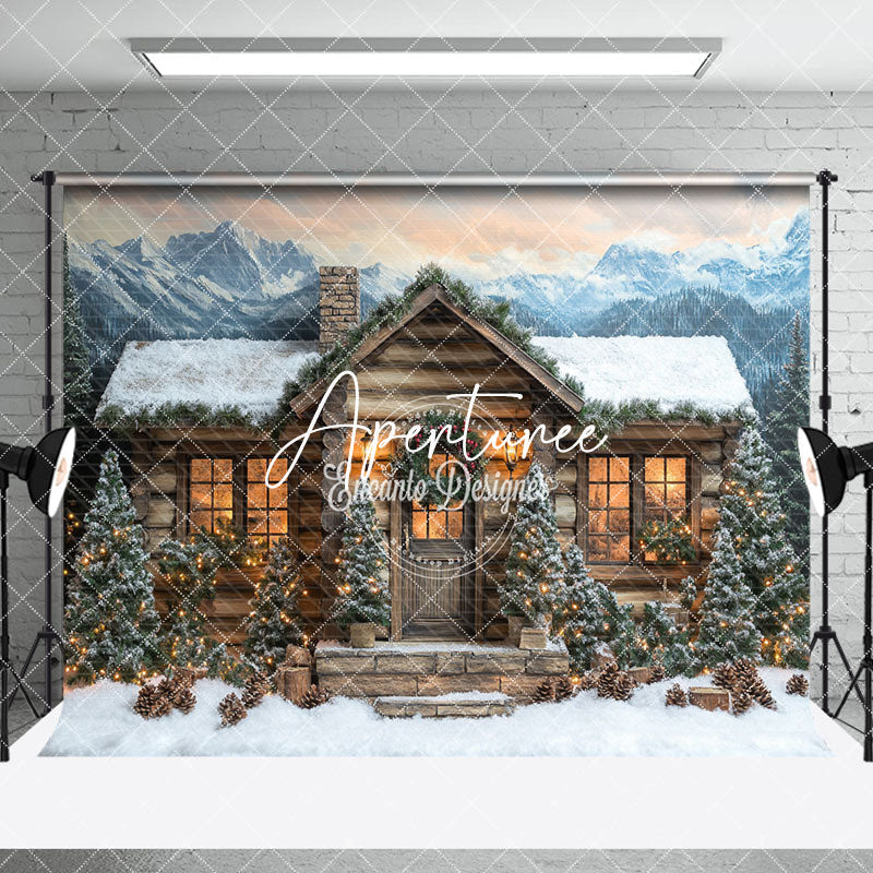 Aperturee - Aperturee Snowy Wild Mountain Forest Scene Room Set Backdrop