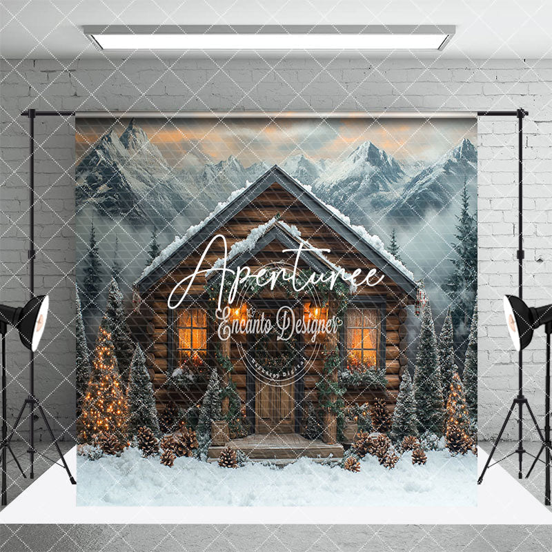 Aperturee - Aperturee Snowy Wild Mountain Forest Scene Room Set Backdrop