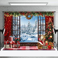Aperturee - Aperturee Snowy Window Red Gifts Toy Bear Christmas Backdrop