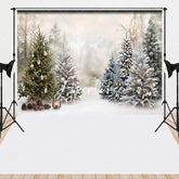 Aperturee - Aperturee Snowy Winter Forest Christmas Trees Combo Set Backdrop Golden Lights Holiday Party Decor