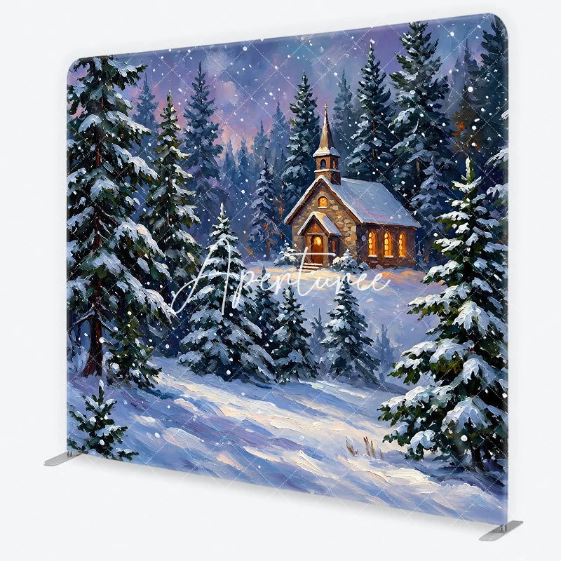 Aperturee - Aperturee Snowy Winter Forest Church Square Double-Sided Backdrop Picturesque Christmas Holiday Pine Tree Scene Decor