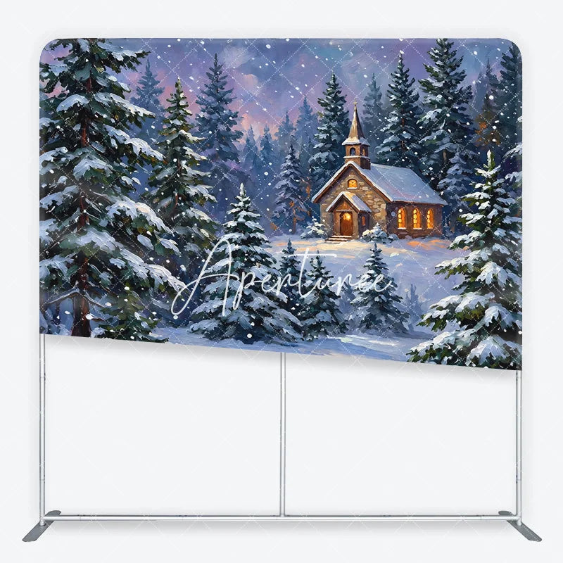 Aperturee - Aperturee Snowy Winter Forest Church Square Double-Sided Backdrop Picturesque Christmas Holiday Pine Tree Scene Decor