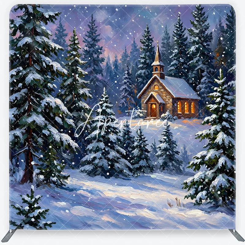Aperturee - Aperturee Snowy Winter Forest Church Square Double-Sided Backdrop Picturesque Christmas Holiday Pine Tree Scene Decor