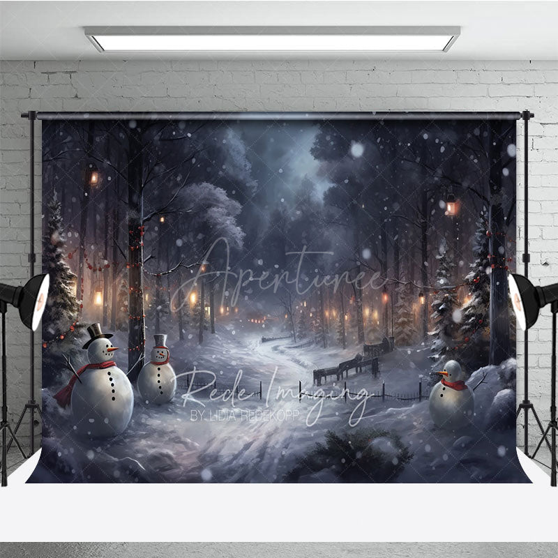 Aperturee - Aperturee Snowy Winter Night Photography Backdrop with Snowmen Magical Forest with Lanterns Christmas Photo Background