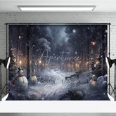 Aperturee - Aperturee Snowy Winter Night Photography Backdrop with Snowmen Magical Forest with Lanterns Christmas Photo Background