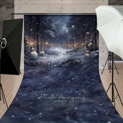 Aperturee - Aperturee Snowy Winter Night with Snowmen Sweep Backdrop Magical Forest with Lanterns Christmas Photo Floor Drop