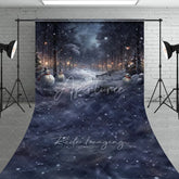 Aperturee - Aperturee Snowy Winter Night with Snowmen Sweep Backdrop Magical Forest with Lanterns Christmas Photo Floor Drop