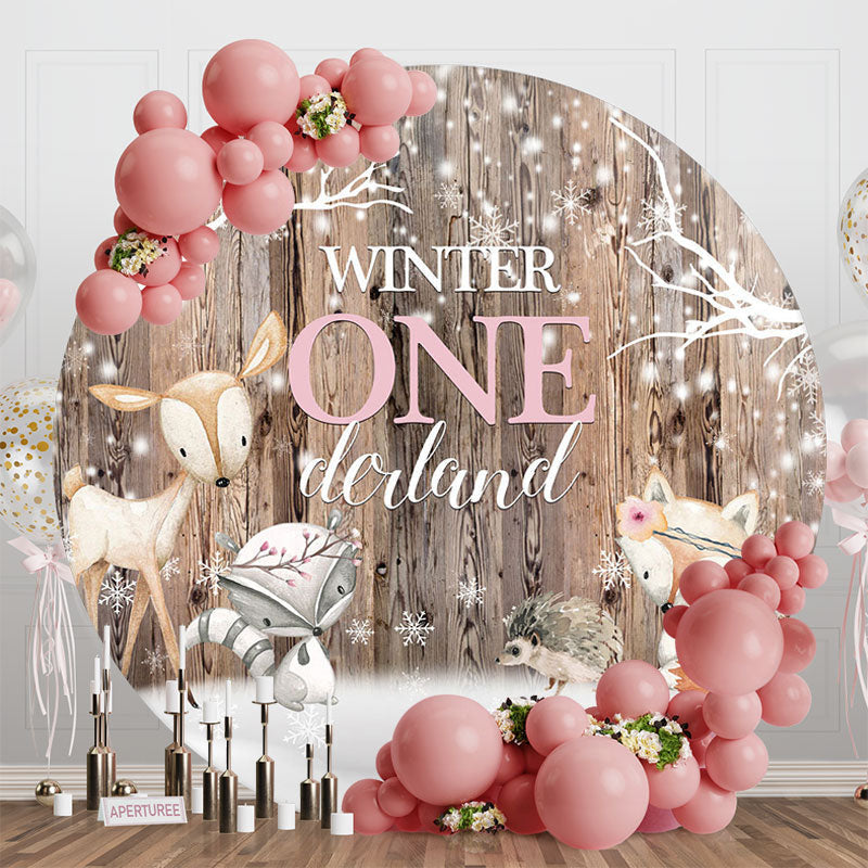 Aperturee - Aperturee Snowy Winter Onederland Wooden Safari Round Backdrop
