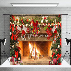 Aperturee - Aperturee Snowy Wood Door Fireplace Christmas Room Set Backdrop