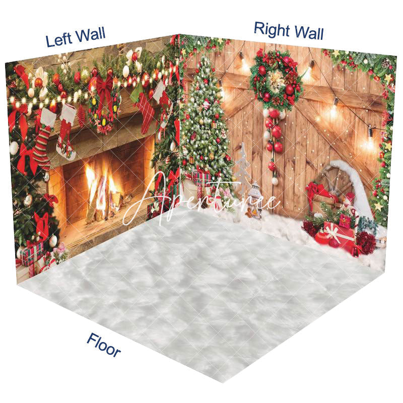 Aperturee - Aperturee Snowy Wood Door Fireplace Christmas Room Set Backdrop