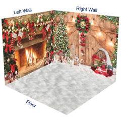 Aperturee - Aperturee Snowy Wood Door Fireplace Christmas Room Set Backdrop