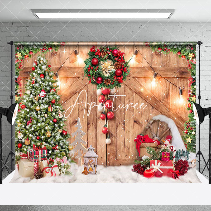 Aperturee - Aperturee Snowy Wood Door Fireplace Christmas Room Set Backdrop