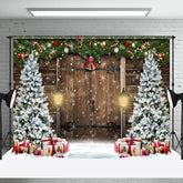 Aperturee - Aperturee Snowy Wood Door Scene Xmas Trees Christmas Backdrop