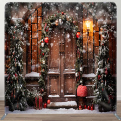 Aperturee - Aperturee Snowy Wooden Door Light Winter Tension Fabric Backdrop
