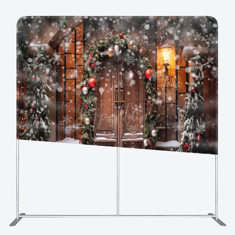 Aperturee - Aperturee Snowy Wooden Door Light Winter Tension Fabric Backdrop
