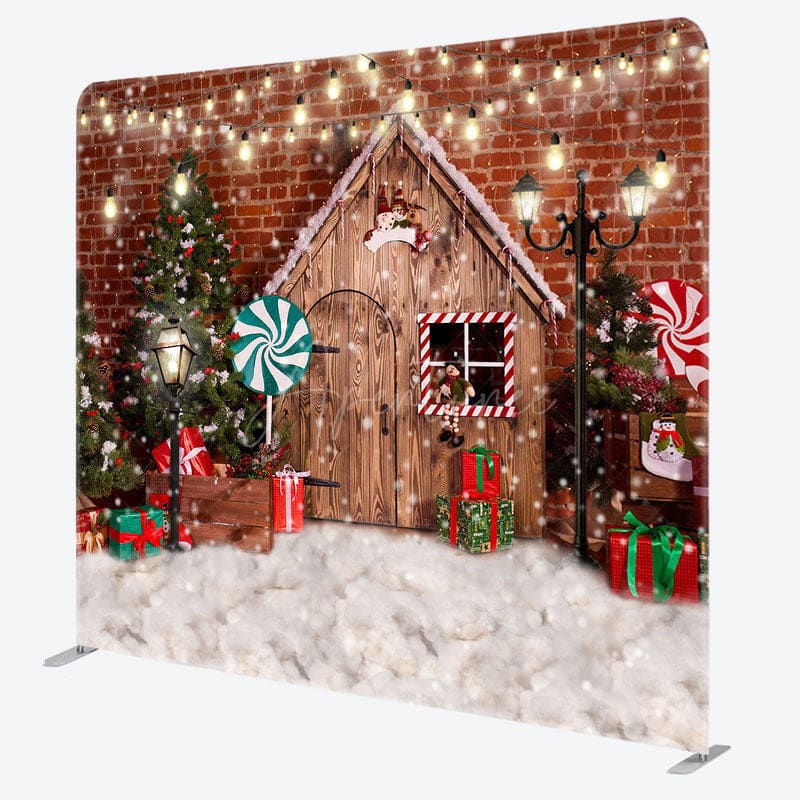Aperturee - Aperturee Snowy Wooden House Bricks Christmas Tree Backdrop