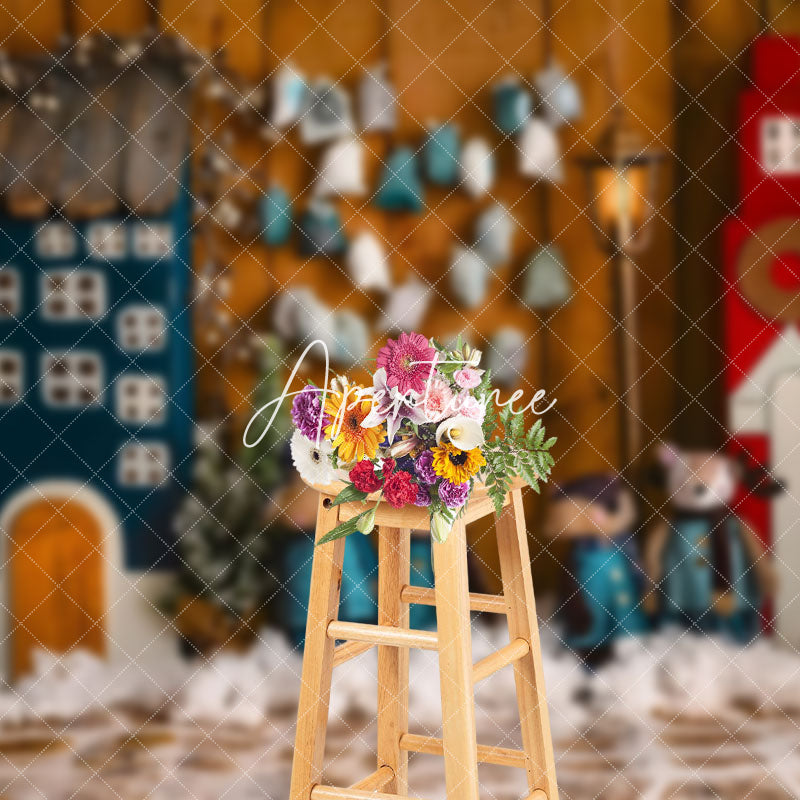Aperturee - Aperturee Snowy Wooden House Fox Family Christmas Backdrop