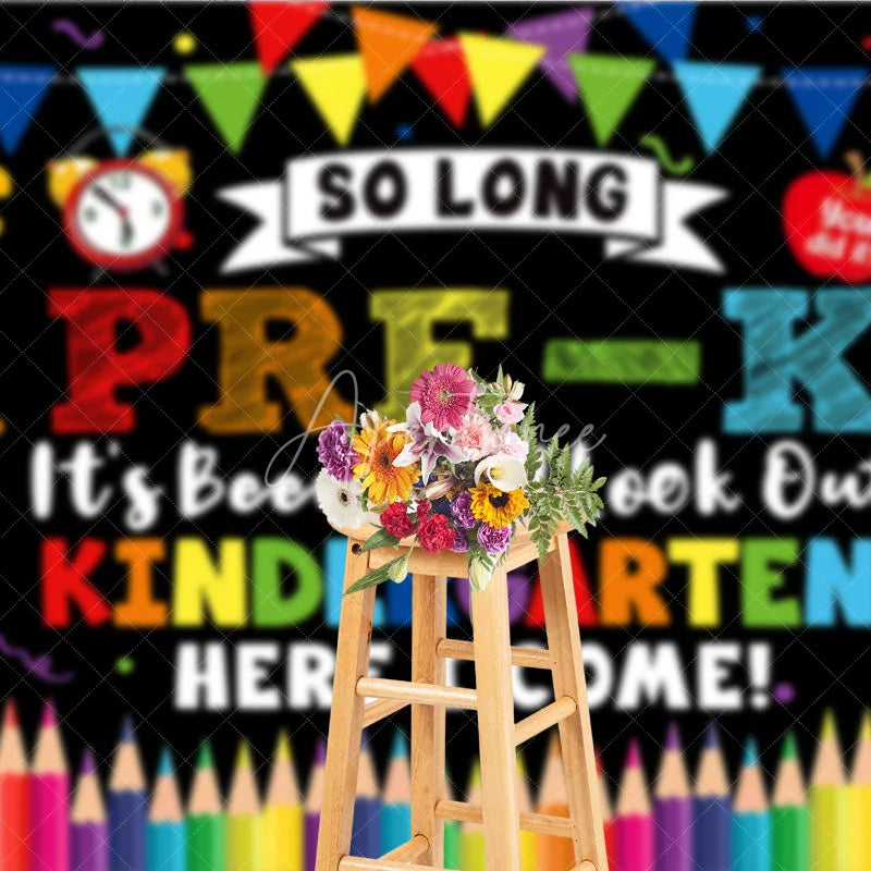 Aperturee - Aperturee So Long Pre-K Kindergarten Here I Come Graduation Backdrop Colorful School Elements Photo Background