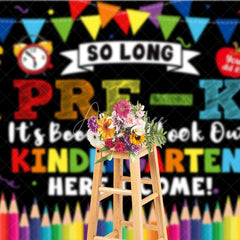 Aperturee - Aperturee So Long Pre-K Kindergarten Here I Come Graduation Backdrop Colorful School Elements Photo Background