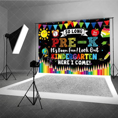 Aperturee - Aperturee So Long Pre-K Kindergarten Here I Come Graduation Backdrop Colorful School Elements Photo Background