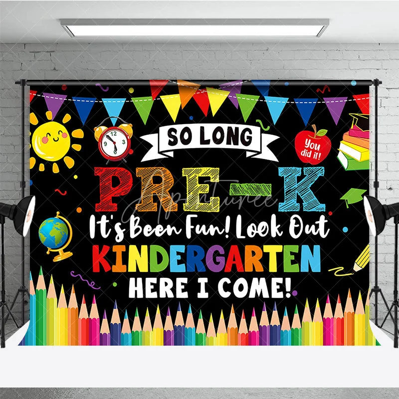 Aperturee - Aperturee So Long Pre-K Kindergarten Here I Come Graduation Backdrop Colorful School Elements Photo Background