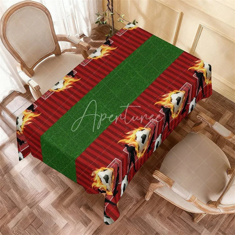 Aperturee - Aperturee Soccer Field Flaming Ball Rectangle Tablecloth Green Grass Boys Birthday Party Table Cover