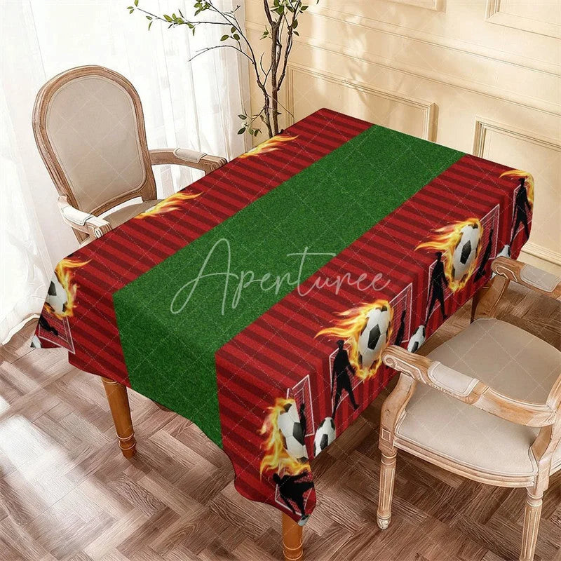 Aperturee - Aperturee Soccer Field Flaming Ball Rectangle Tablecloth Green Grass Boys Birthday Party Table Cover