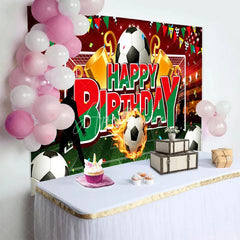 Aperturee - Aperturee Soccer Stadium Happy Birthday Backdrop Flaming Ball and Trophy Boys Party Photography Background