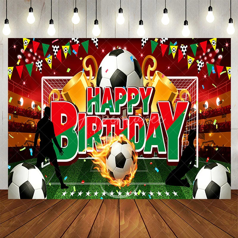 Aperturee - Aperturee Soccer Stadium Happy Birthday Backdrop Flaming Ball and Trophy Boys Party Photography Background