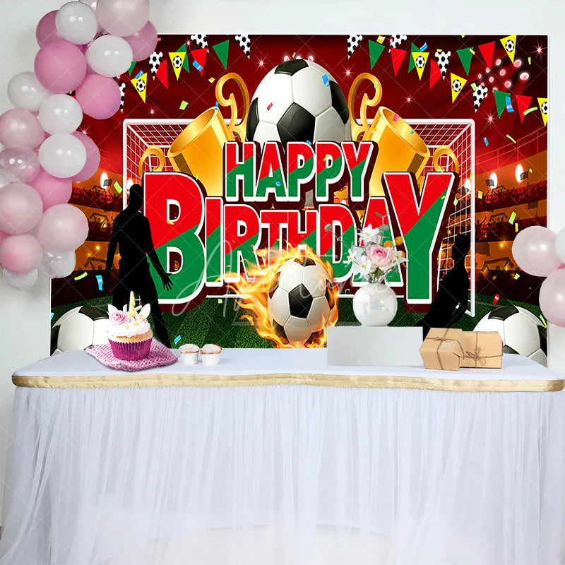 Aperturee - Aperturee Soccer Stadium Happy Birthday Backdrop Flaming Ball and Trophy Boys Party Photography Background
