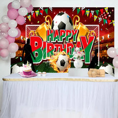 Aperturee - Aperturee Soccer Stadium Happy Birthday Backdrop Flaming Ball and Trophy Boys Party Photography Background