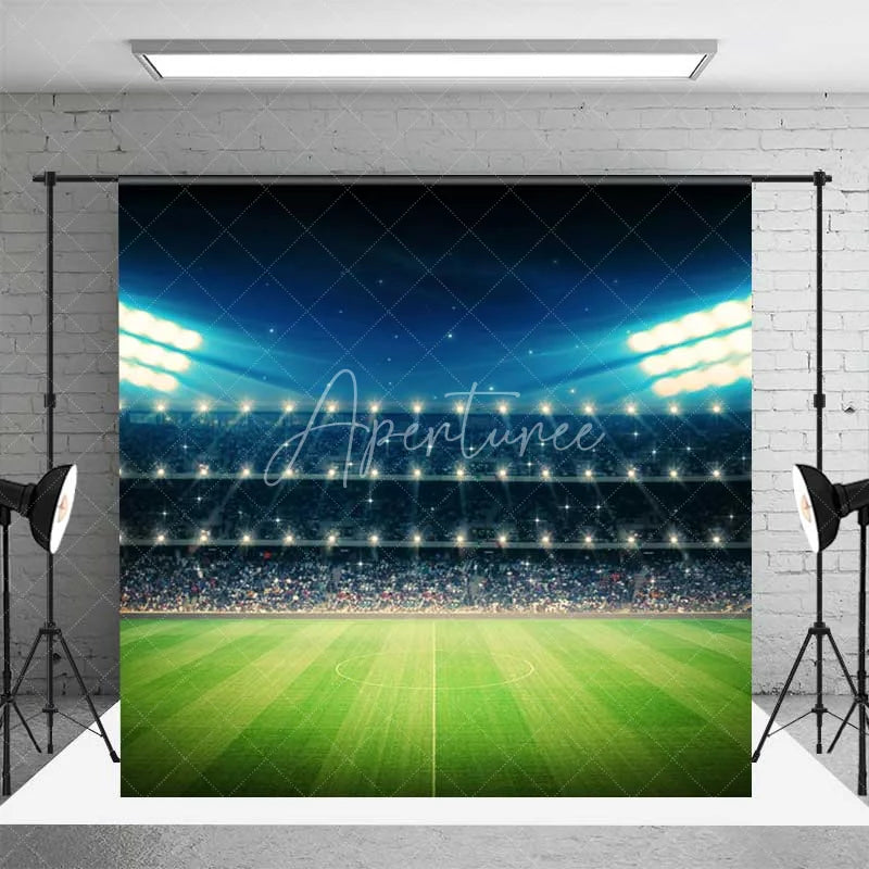 Aperturee - Aperturee Soccer Stadium Room Set Backdrop Night Lights Football Field Green Grass Background Sports Theme Photography Prop