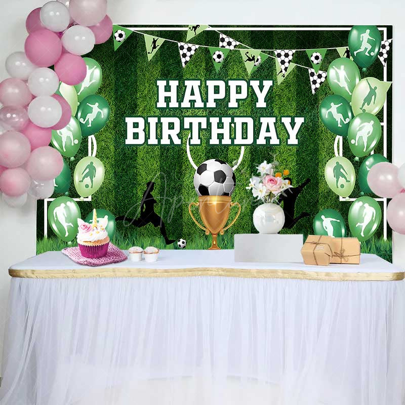 Aperturee Aperturee Soccer Themed Birthday Party Backdrop Green Sports Field Banner for Boys Action Player and Trophy Photo Prop Decor