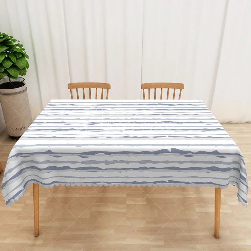 Aperturee - Aperturee Soft Blue and White Wavy Stripe Rectangle Tablecloth for Coastal and Nautical Themed Dining Decor