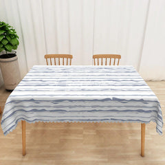 Aperturee - Aperturee Soft Blue and White Wavy Stripe Rectangle Tablecloth for Coastal and Nautical Themed Dining Decor