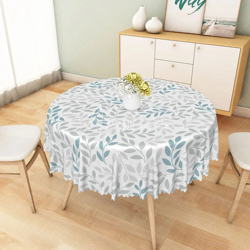 Aperturee - Aperturee Soft Blue-Grey Botanical Round Tablecloth with Scattered Leaf Sprigs for Serene and Modern Decor